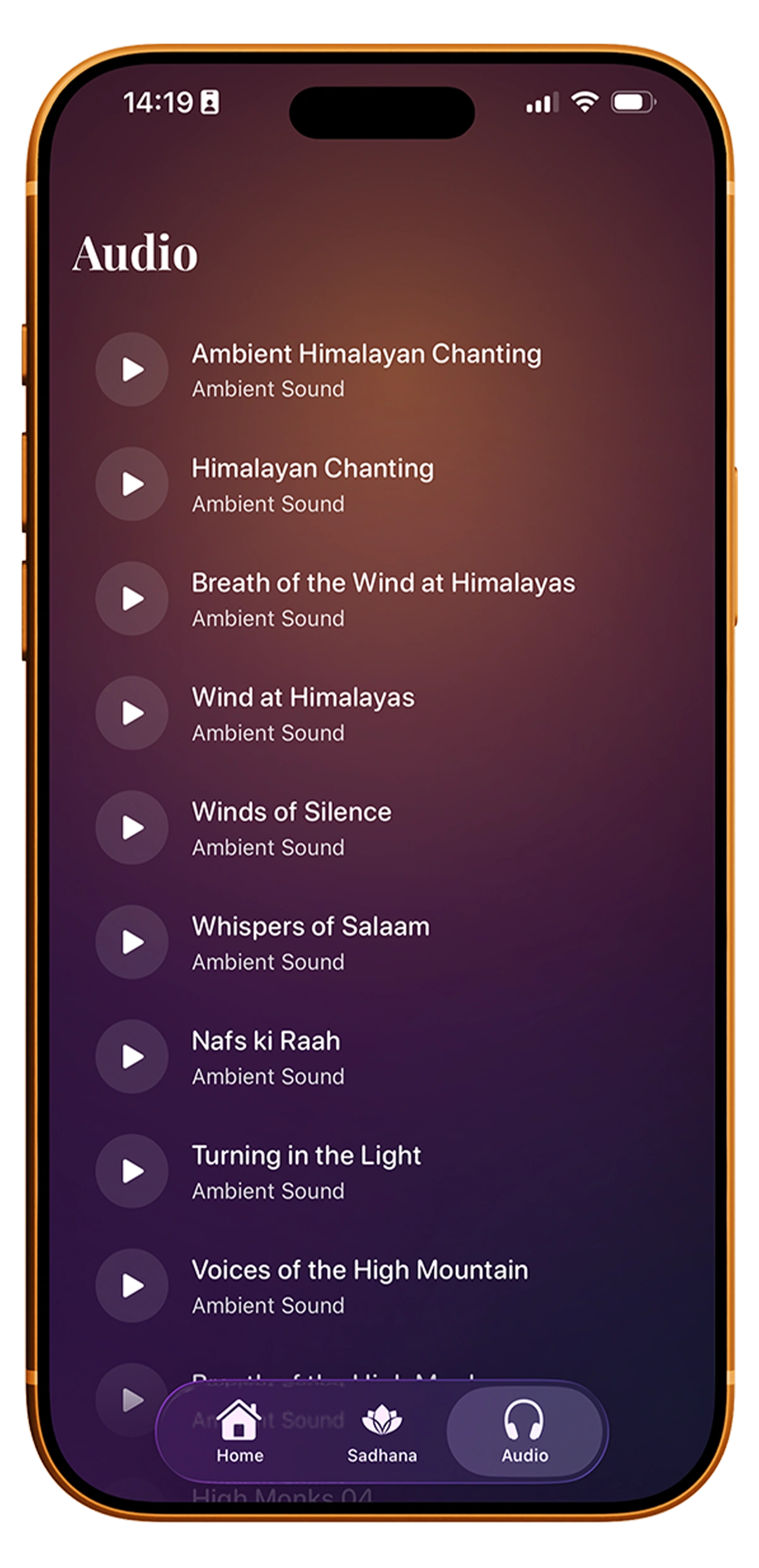 Audio tab — ambient Hymalayan chants, wind recordings, and contemplative tracks